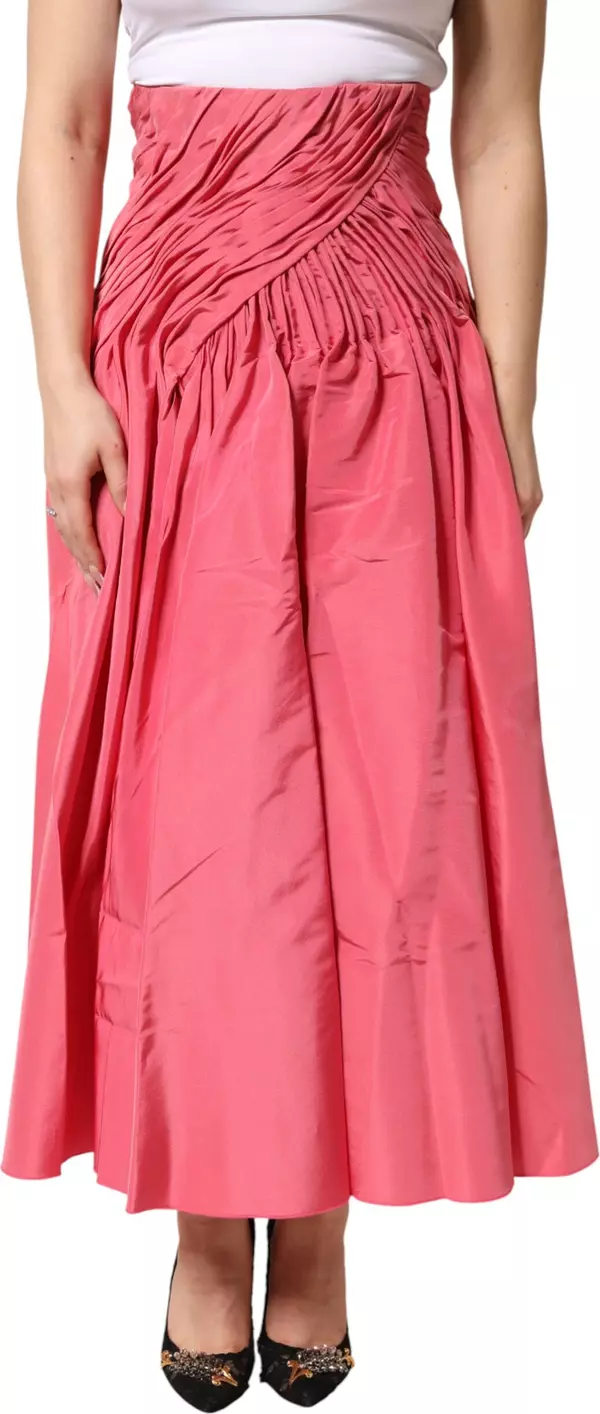 Pink Silk Pleated High Waist Midi Skirt