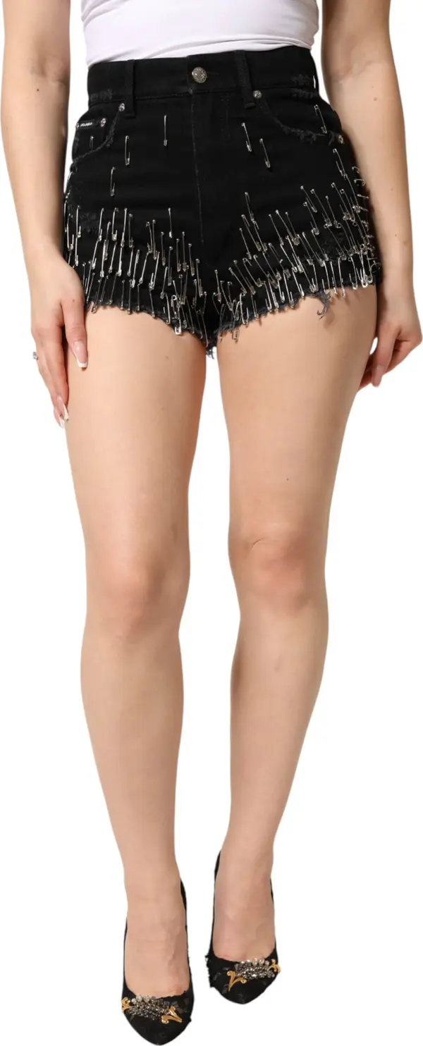 Black Pins Cotton Denim Hot Pants Shorts