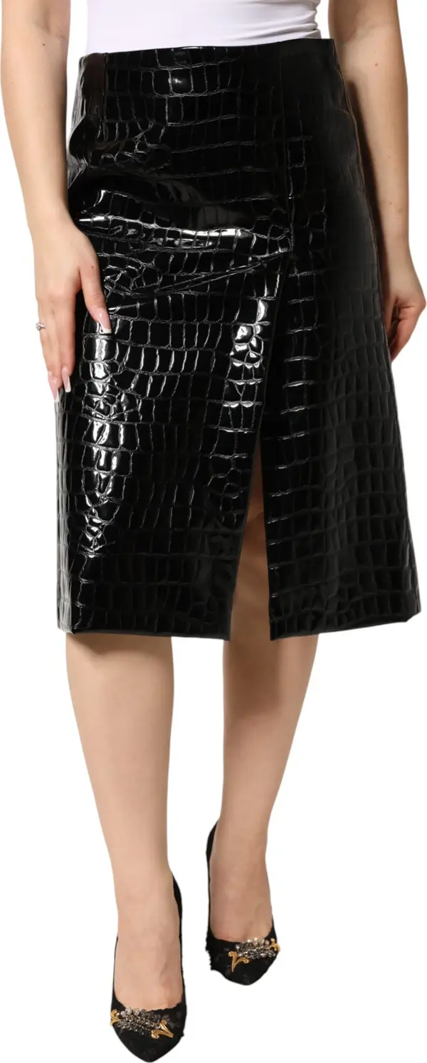 Black Croc Faux-Leather Mid Waist Midi Skirt
