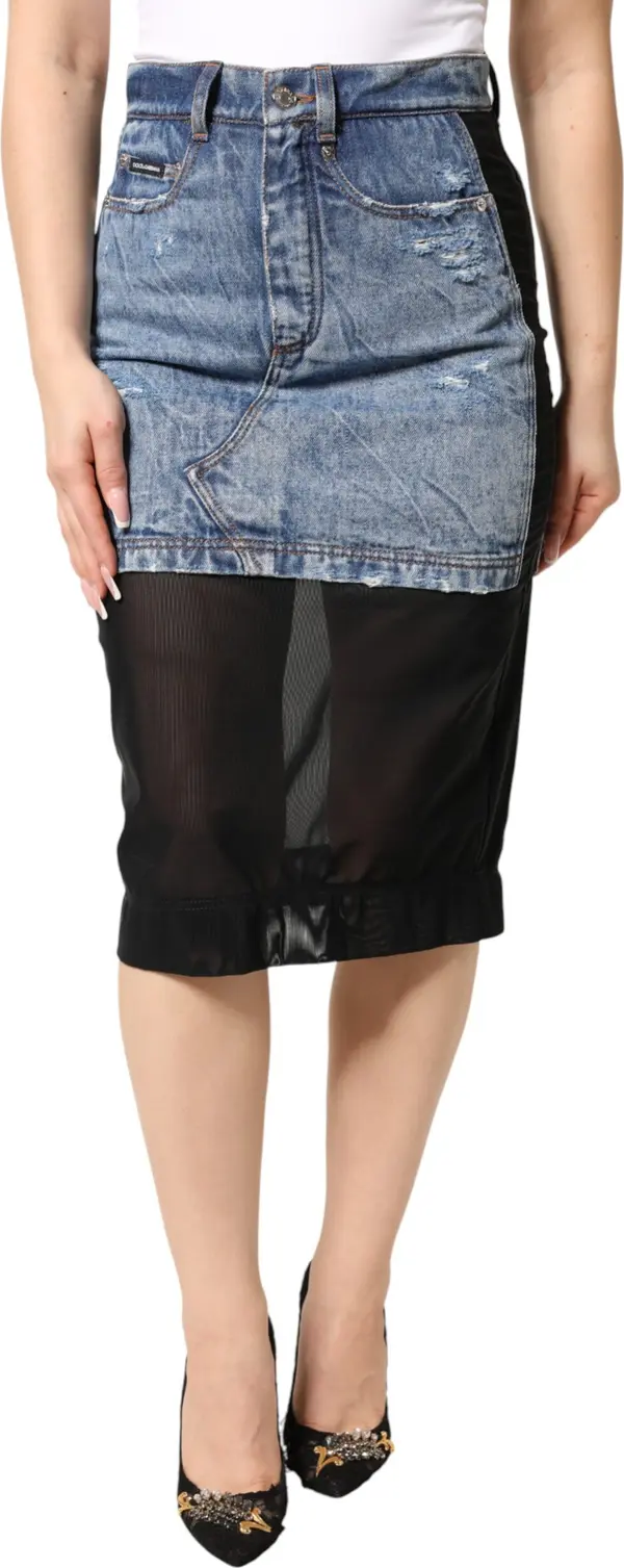 Blue Black Cotton Denim Sheer Midi Skirt