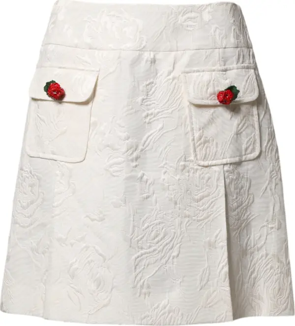 White Floral Brocade High Waist Mini Skirt