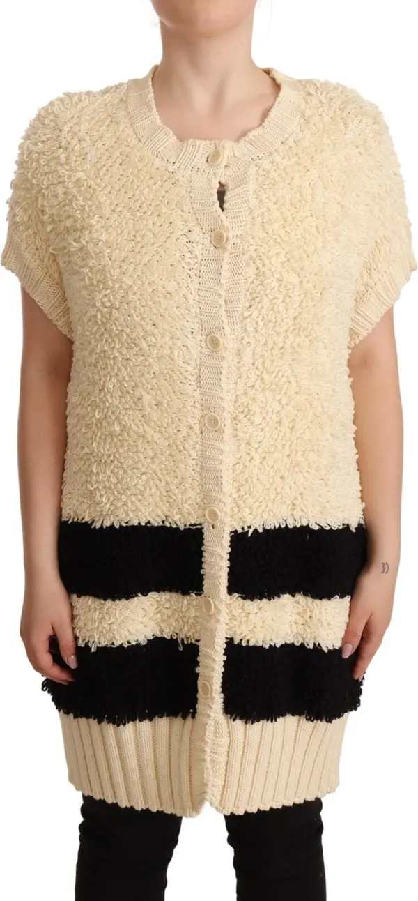 Beige Black Short Sleeve Button Cardigan Sweater