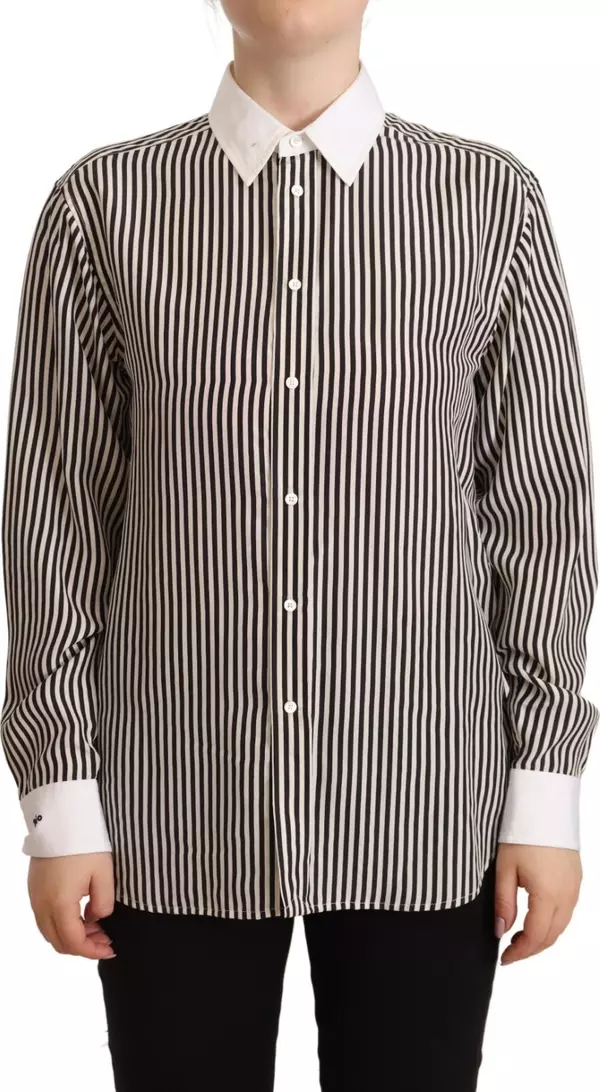 Black White Striped Long Sleeves Collared Top