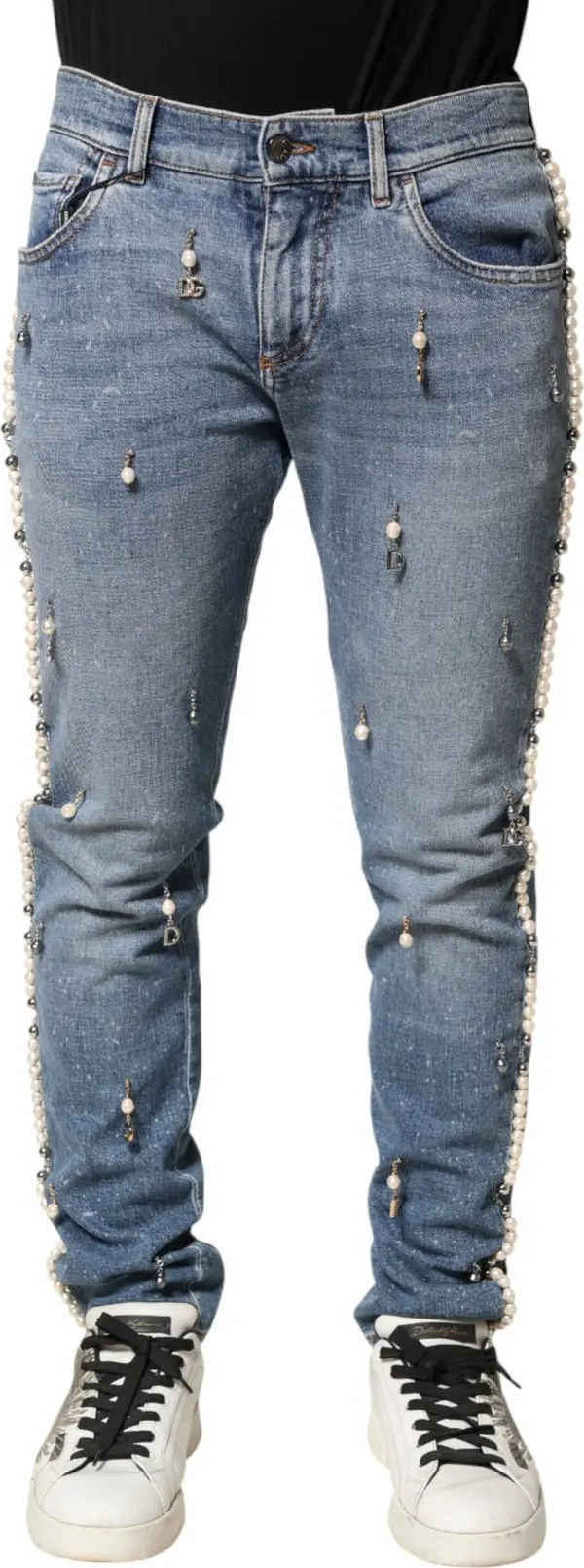Blue Embellished Cotton Skinny Denim Jeans