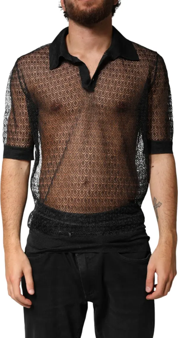 Black Sheer Short Sleeves Casual Polo  Top