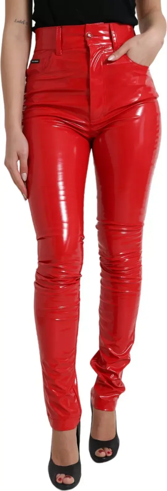 Shiny Red High Waist Skinny Trouser Pants