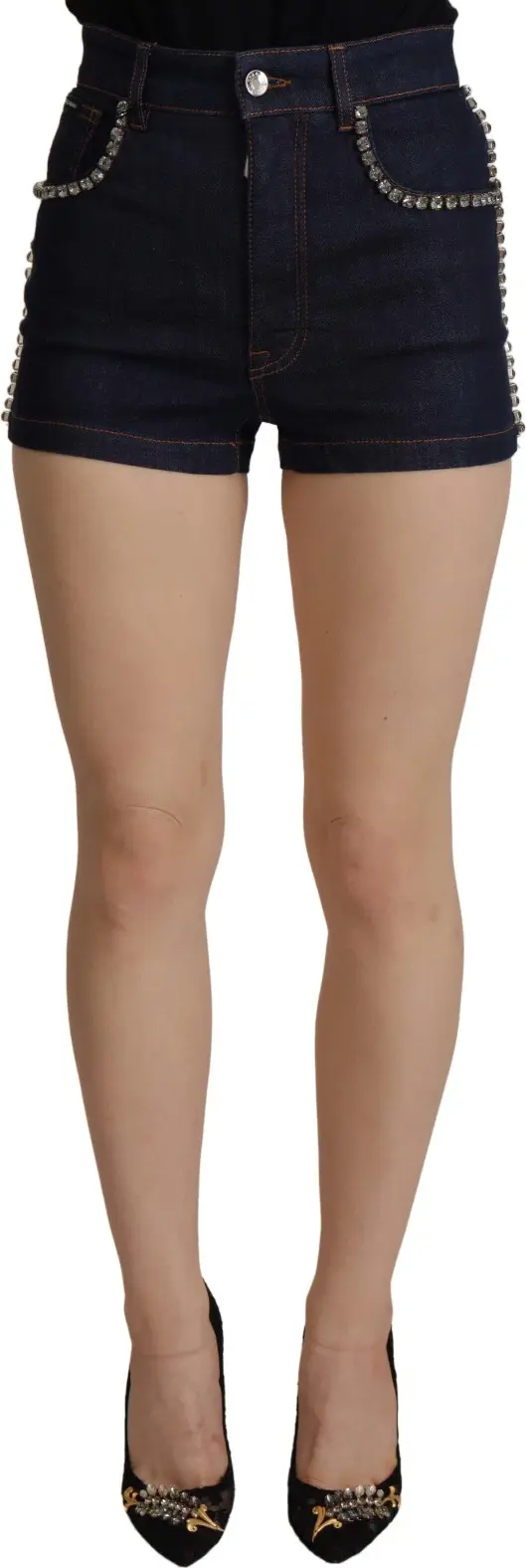 Blue Denim Stretch Crystal Hot Pants Shorts