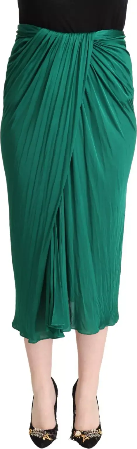 Dark Green High Waist Midi Skirt Pencil Cut Pleated