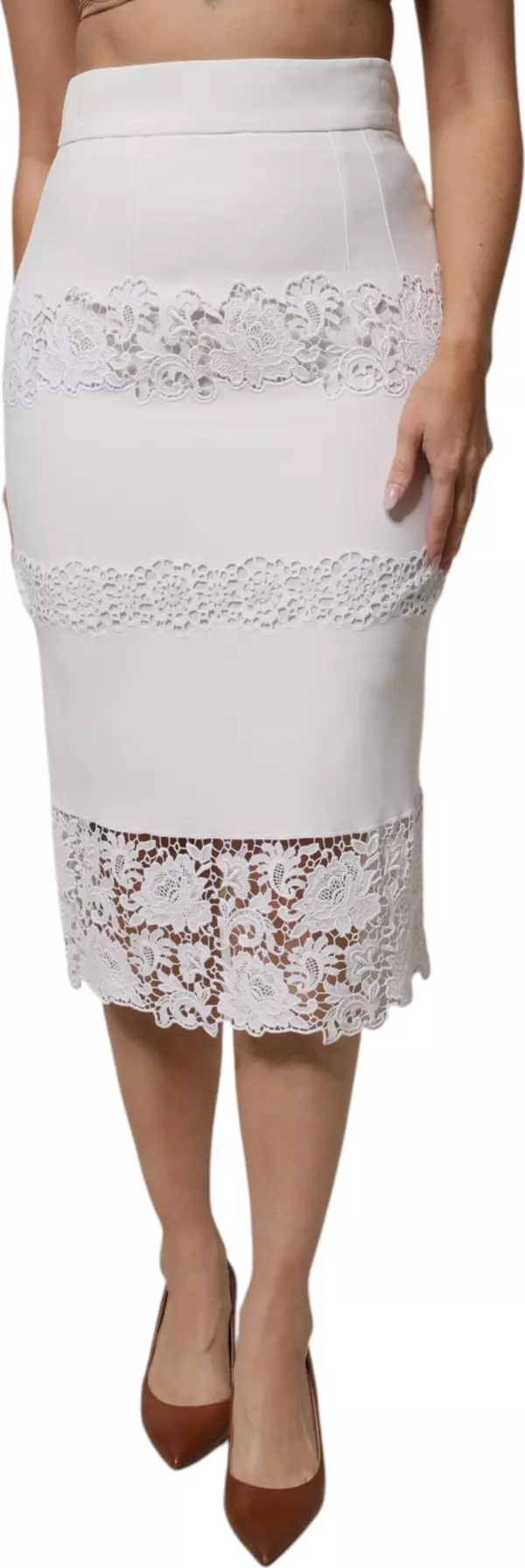 White Floral Lace High Waist Pencil Cut  Skirt