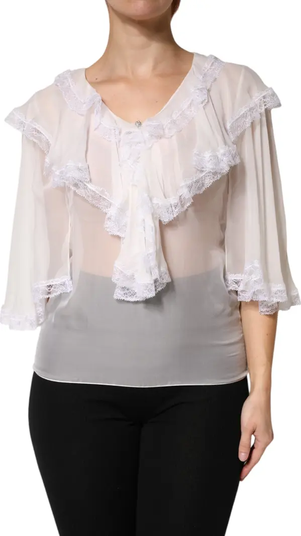 White Ruffles Lace Long Sleeve Blouse Top