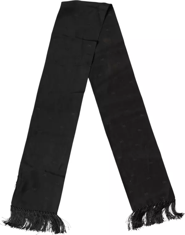 Black Logo Silk Fringes Neck Foulard Scarf