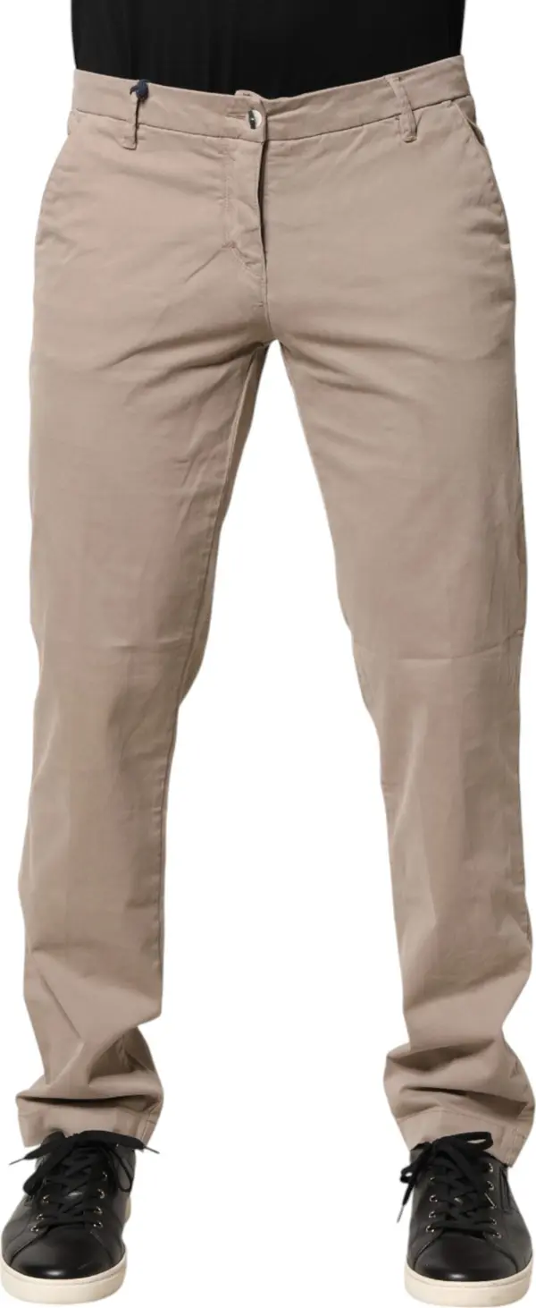 Beige Cotton Stretch Straight Mid Waist Trouser Pants