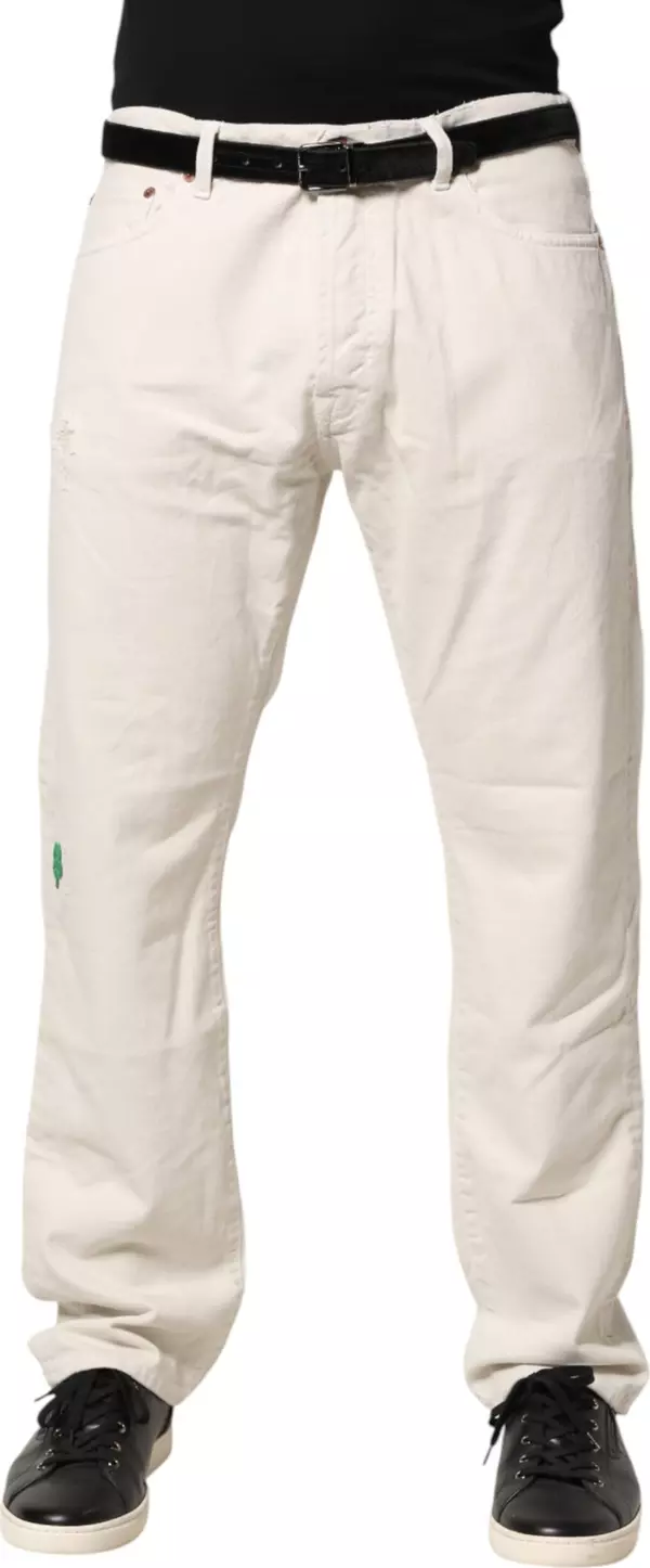 White Cotton Straight Mid Waist Denim Men Trouser Jeans