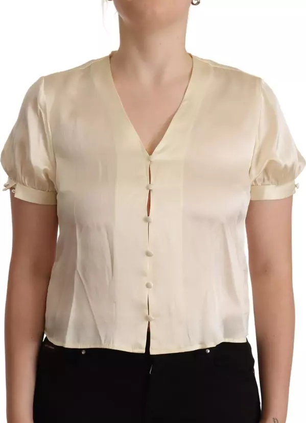 Blouse Off White Silk Short Sleeves V-neck Top