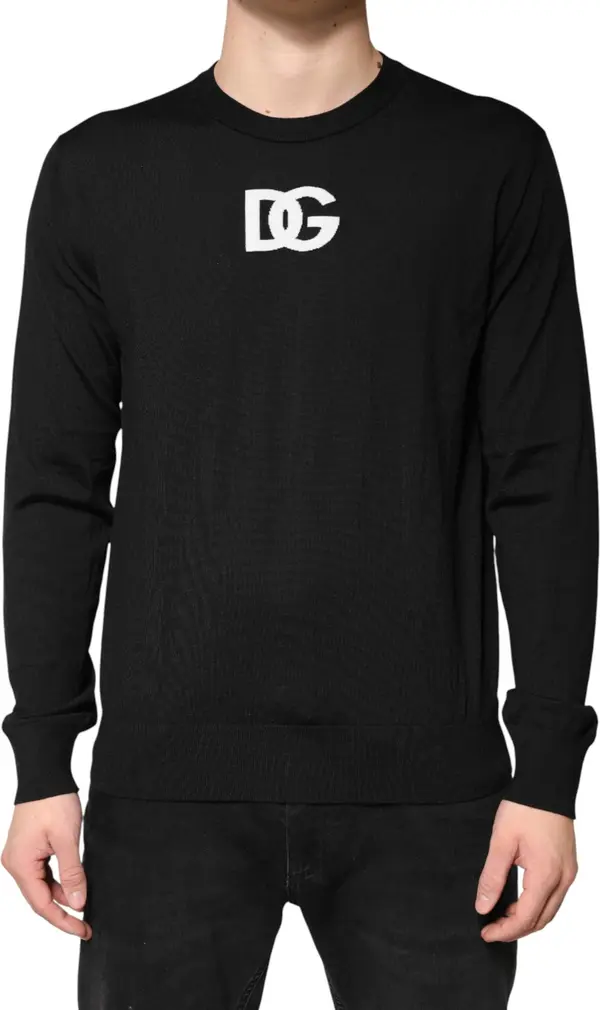 Black Wool DG Crew Neck Men Pullover Sweater