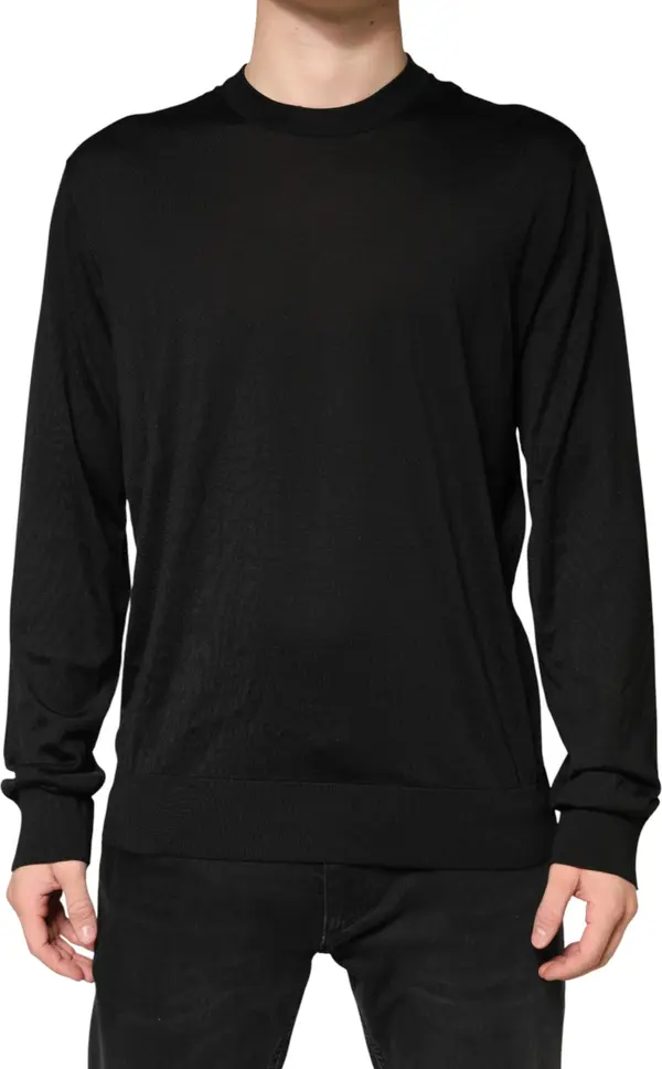 Black Silk Men Crew Neck Pullover Sweater