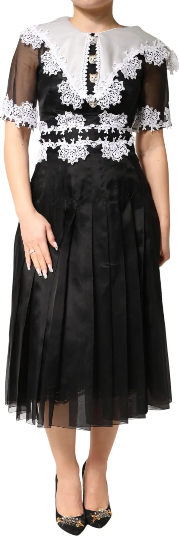 Black White Silk Macrame Lace Midi Dress