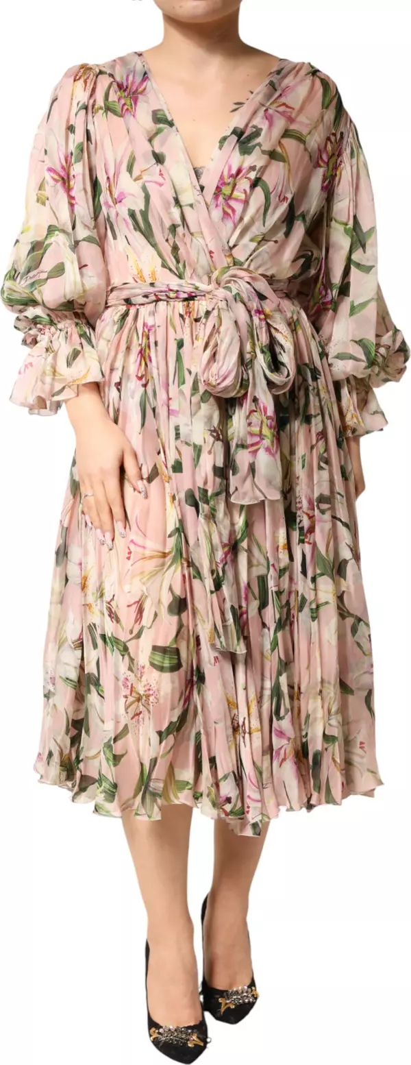 Pink Lily Print A-line Pleated Maxi Dress