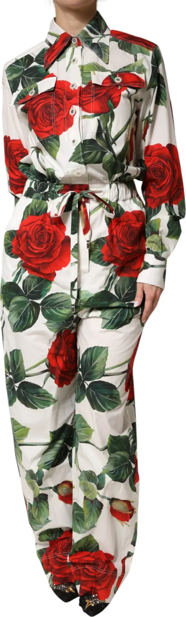 White Floral Print Cotton Jumpsuit Dress