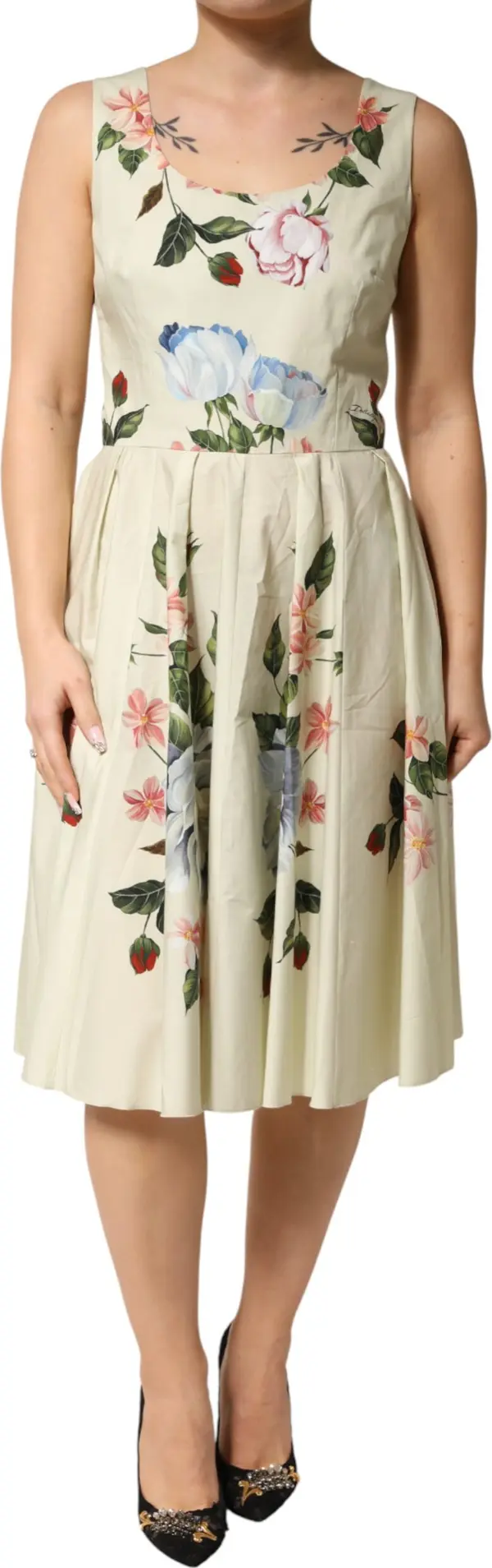 Beige Floral Sleeveless A-line Dress