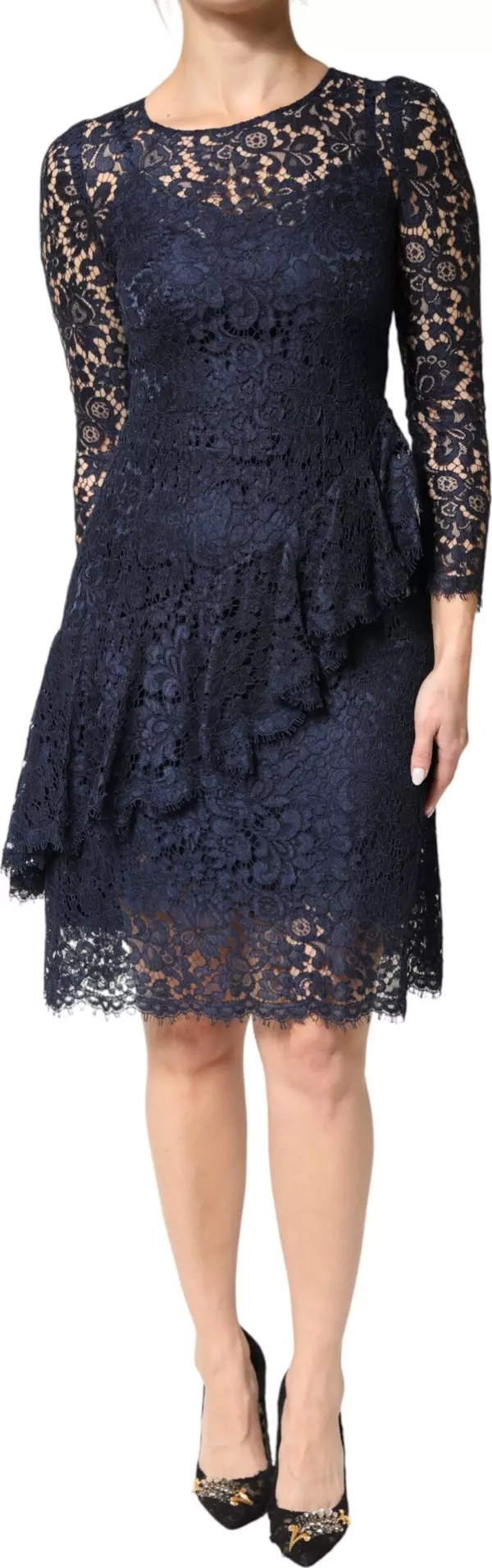 Blue Lace Ruffle A-line Knee Length Dress