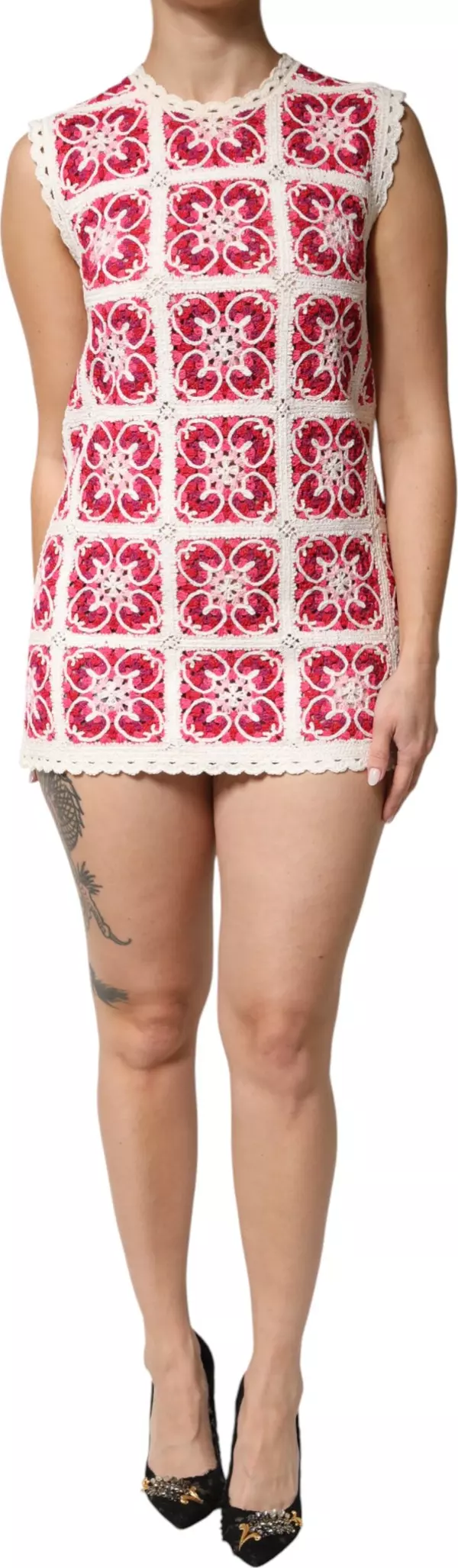 Multicolor Brick Stitched Crochet Mini Dress
