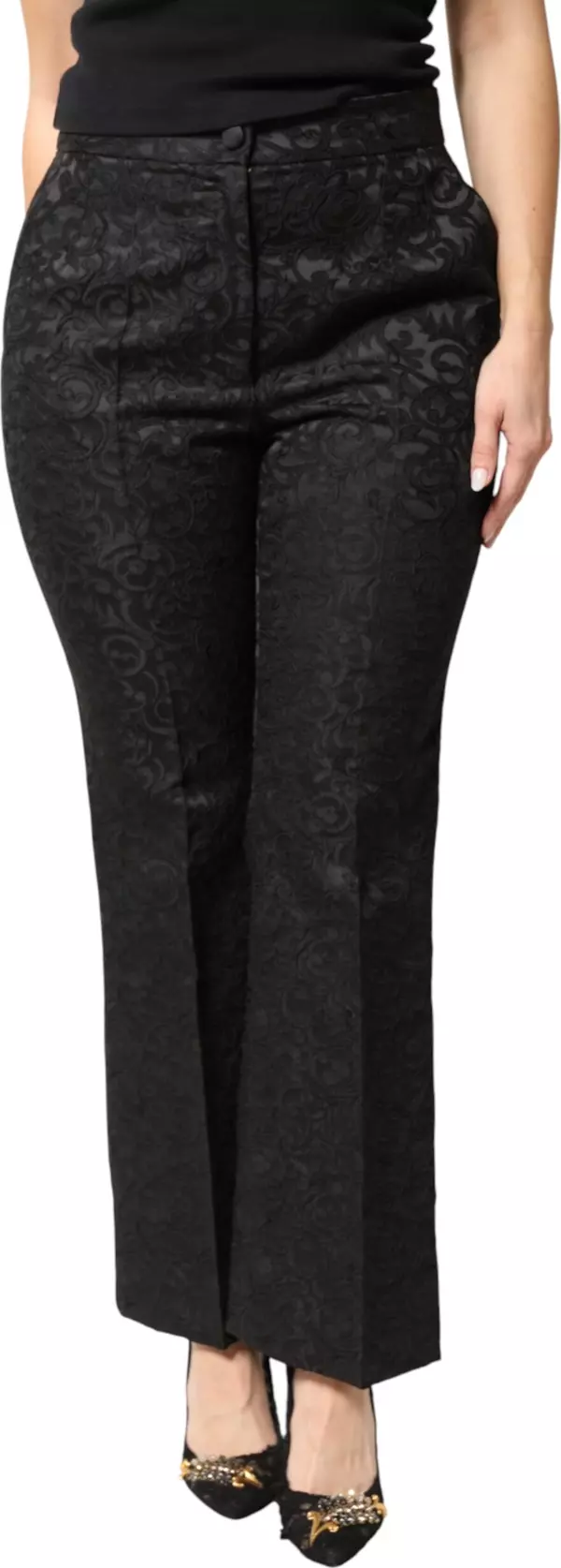 Black Floral Brocade High Waisted Trouser Pants
