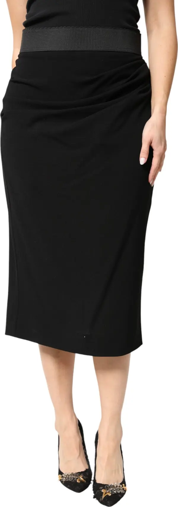 Black Wool High Waist Pencil Cut Midi Skirt