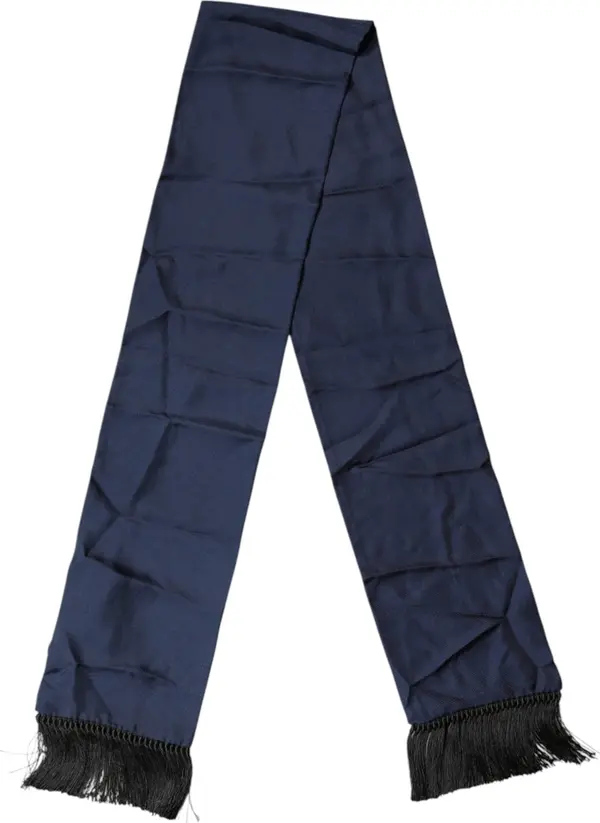 Navy Blue Silk Fringes Neck Foulard Scarf