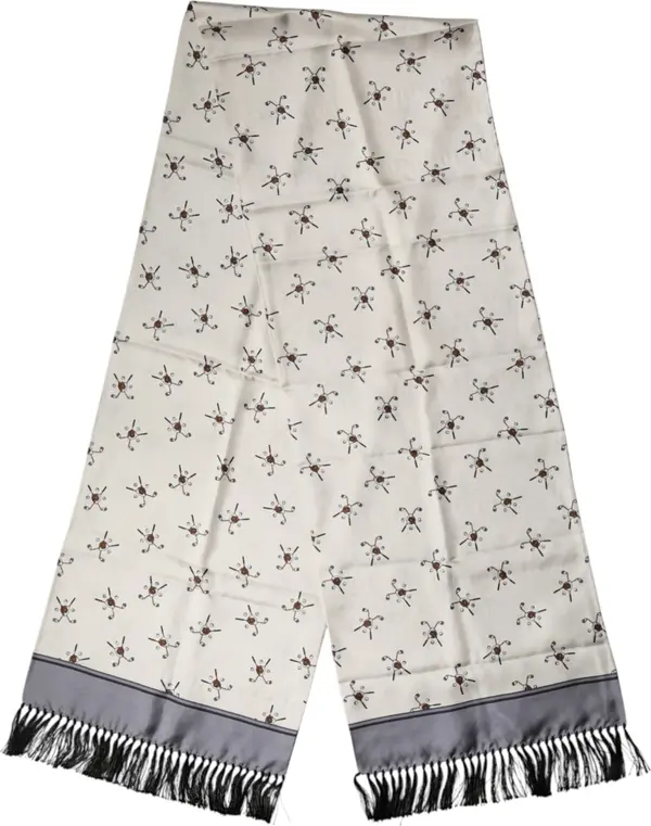 White Printed Fringes Wrap Foulard Men 183cm x 33cm Scarf