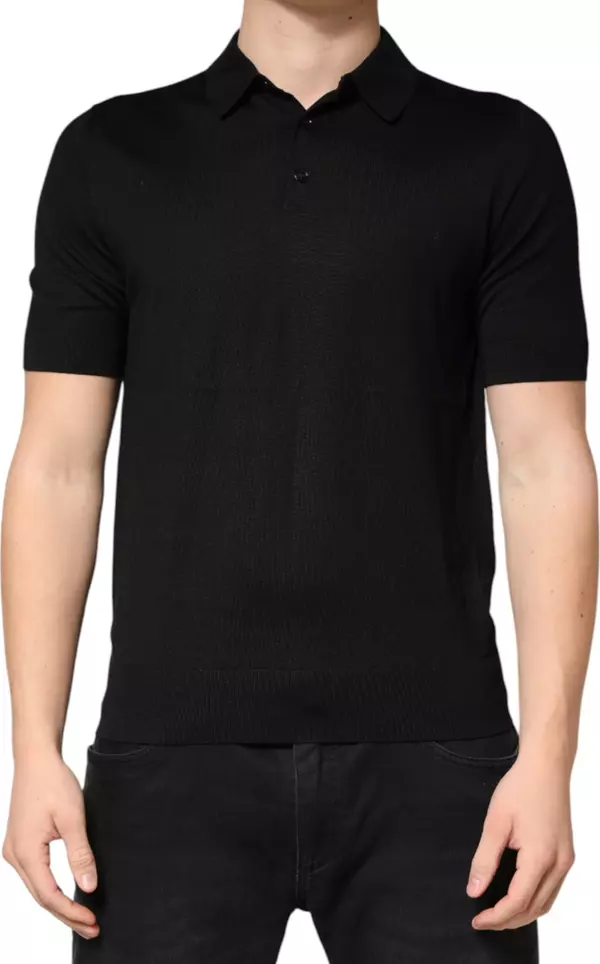 Black Silk Collared Short Sleeve Polo  T-shirt