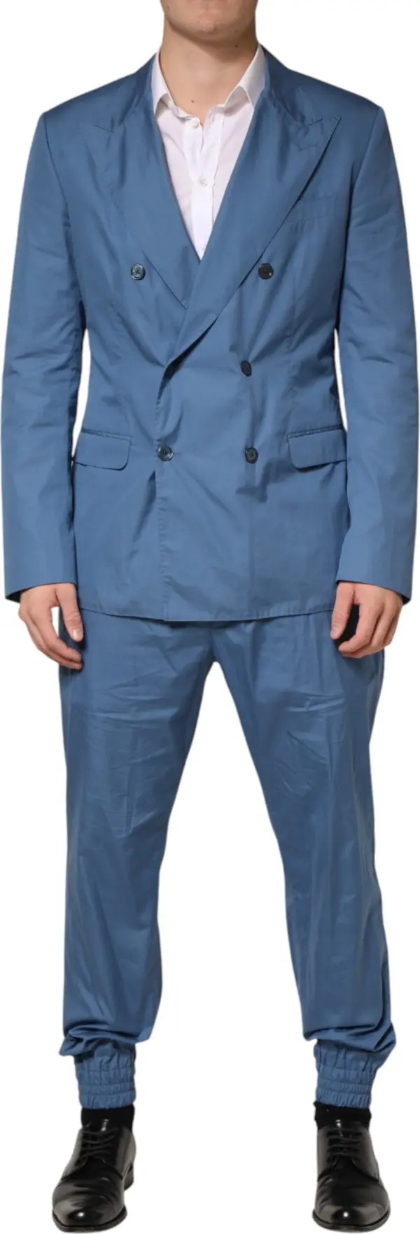 Blue Cotton Double Breasted 2 Piece Suit