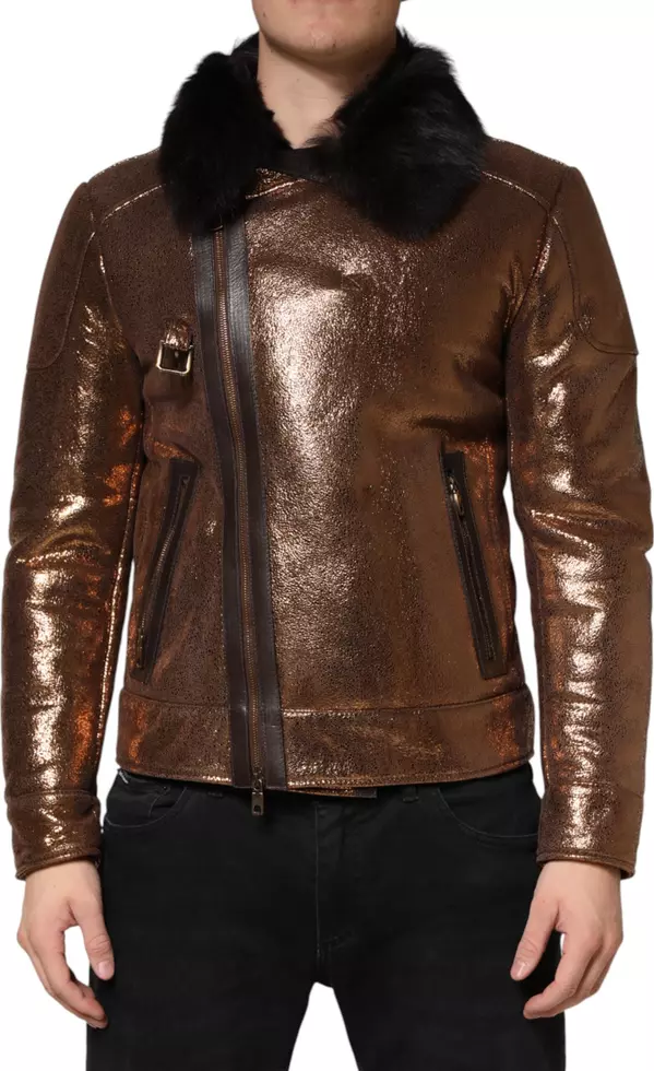 Bronze Leather Fur Full Zip Men Biker Jacket