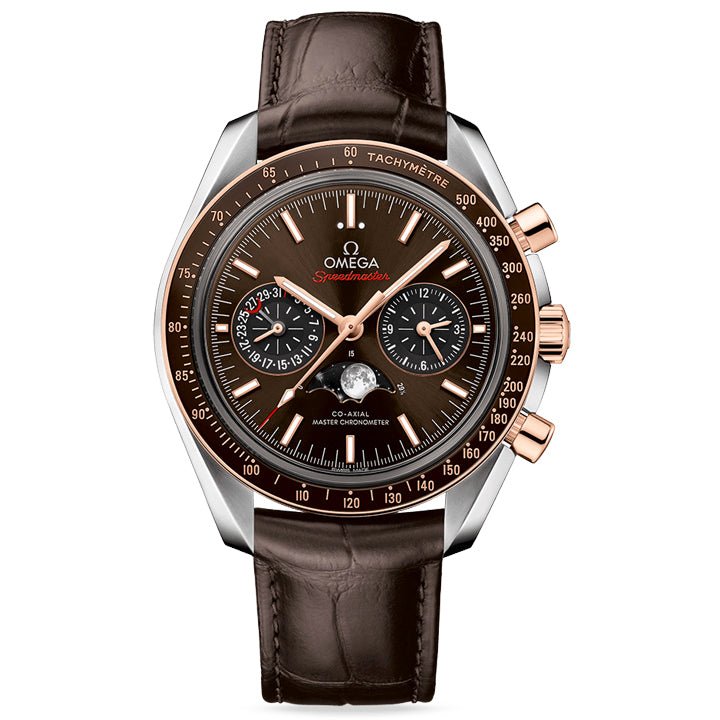 Omega Moonphase Co Axial Master Chronometer Steel & Sedna Gold on Leather Strap