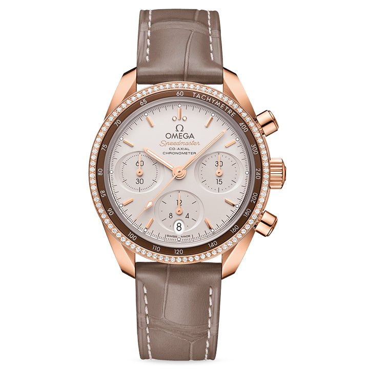 Omega Speedmaster 38 Co Axial Chronometer Chronograph Sedna Gold & Diamonds on Leather Strap