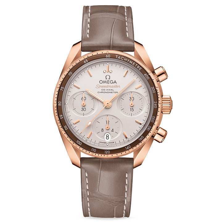 Omega Speedmaster 38 Co Axial Chronometer Chronograph Sedna Gold on Leather Strap
