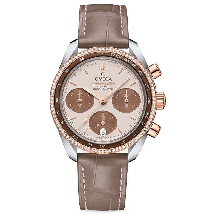 Omega Speedmaster 38 Co Axial Chronometer Chronograph Sedna Gold & Diamonds on Leather Strap