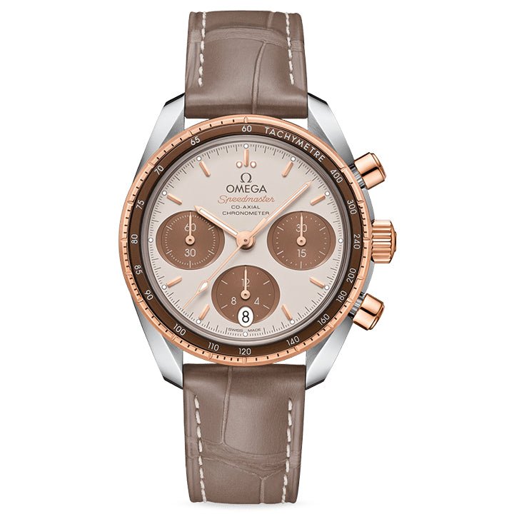 Omega Speedmaster 38 Co Axial Chronometer Chronograph Sedna Gold on Leather Strap