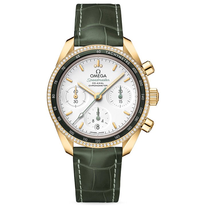 Omega Speedmaster 38 Co Axial Chronometer Chronograph Yellow Gold & Diamonds on Leather Strap
