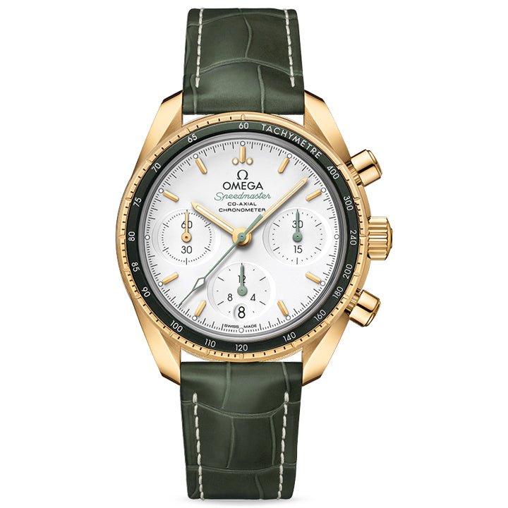 Omega Speedmaster 38 Co Axial Chronometer Chronograph Yellow Gold on Leather Strap