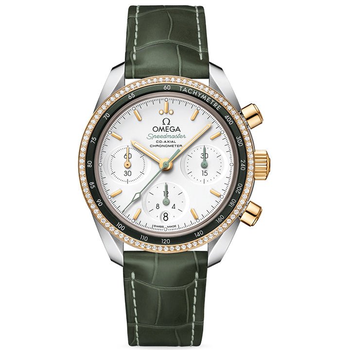 Omega Speedmaster 38 Co Axial Chronometer Chronograph Steel, Yellow Gold & Diamonds on Leather Strap