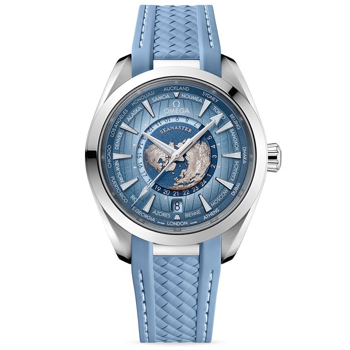 Omega Seamaster Aqua Terra 150M GMT World Timer 43mm Summer Blue on Strap